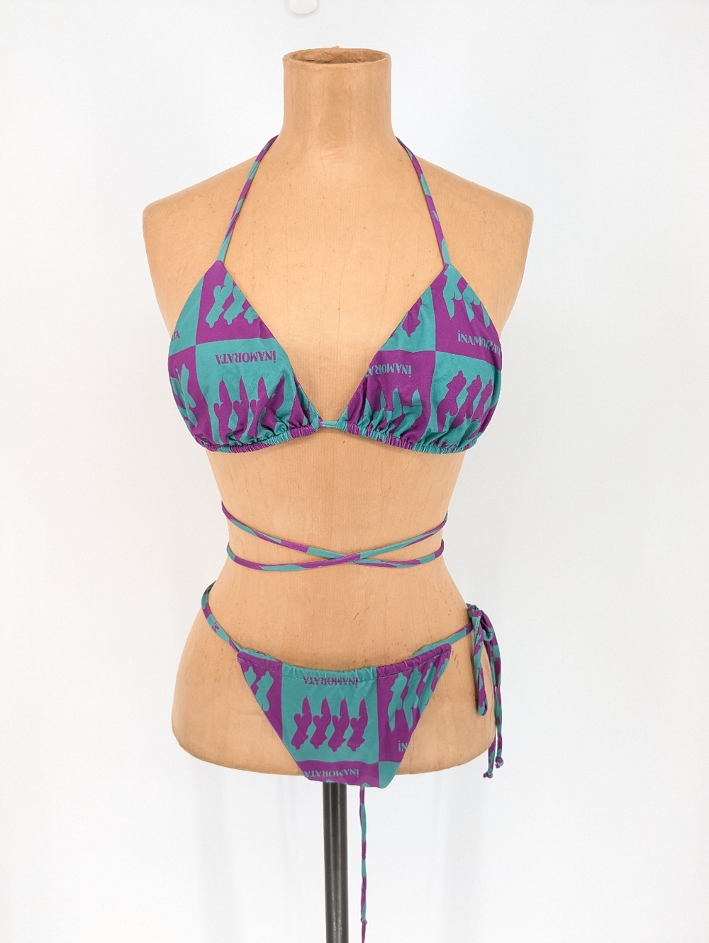INAMORTA LasOlas Two Piece String Bikini Purple Blue Logo Pattern Size Medium